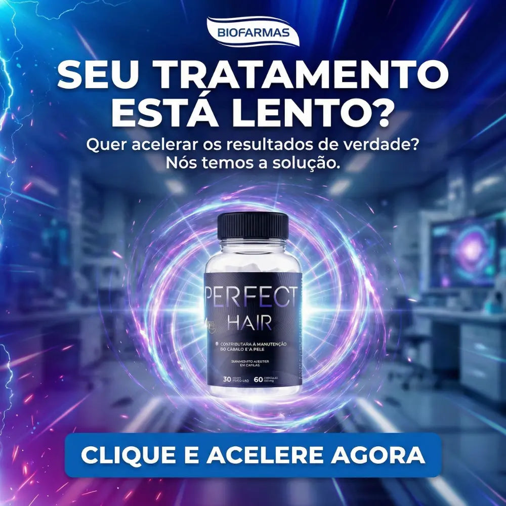 Banner mobile do suplemento Perfect Hair: solução para acelerar resultados de quem usa Minoxidil, focado em crescimento capilar.