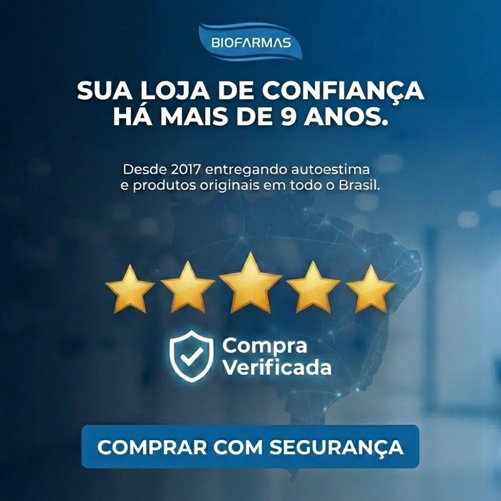 Banner Mobile Biofarmas Segurança e Confiança. Imagem com 5 estrelas e selo de verificado. Texto: Sua loja de confiança há mais de 9 anos