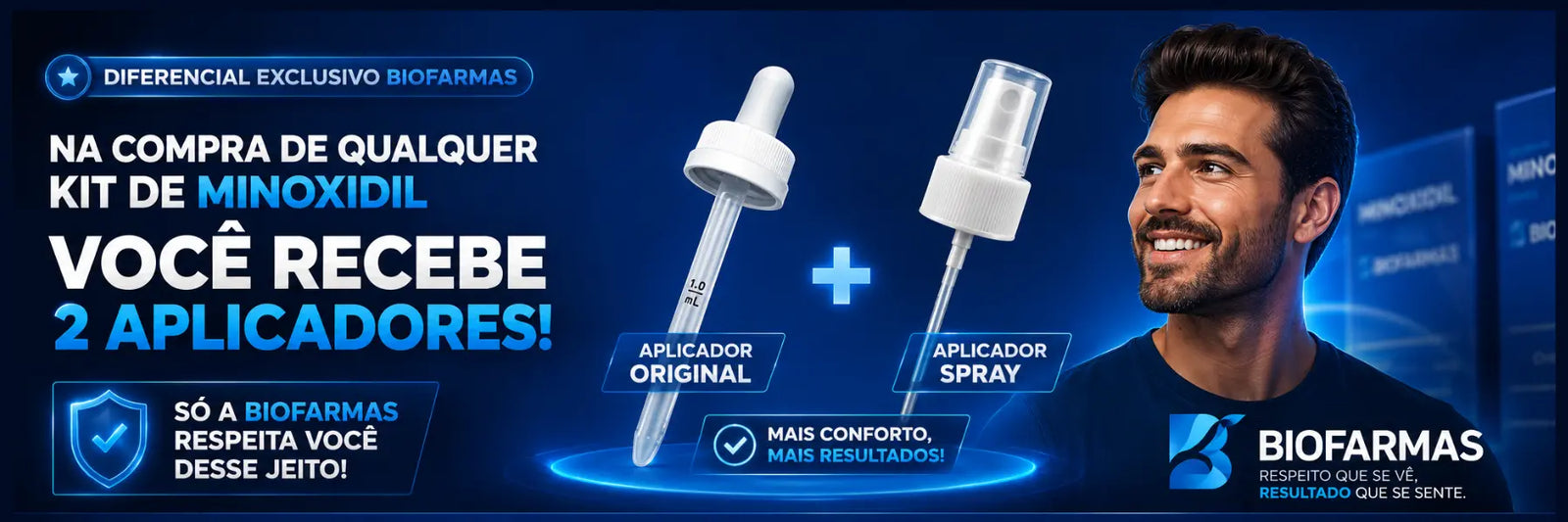 Kit de Minoxidil com 2 aplicadores originais na BioFarmas: aplicador conta-gotas original e aplicador spray para facilitar a aplicação.