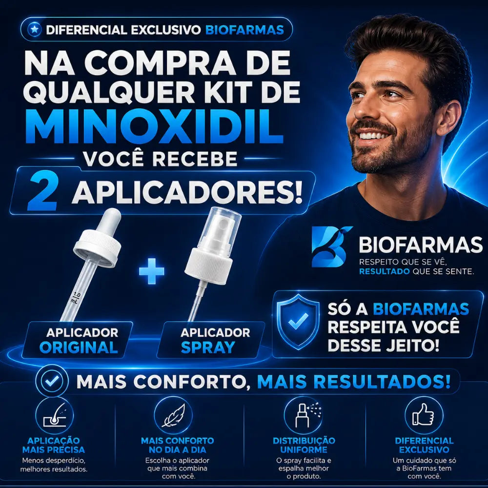 Na compra de qualquer kit de Minoxidil na BioFarmas você recebe aplicador original e aplicador spray para mais conforto e melhor aplicação.