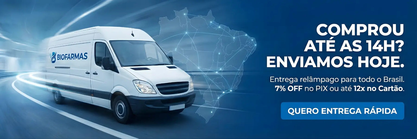 Furgão de entrega da Biofarmas com mapa do Brasil ao fundo, destacando envio no mesmo dia para compras até as 14h e frete rápido.