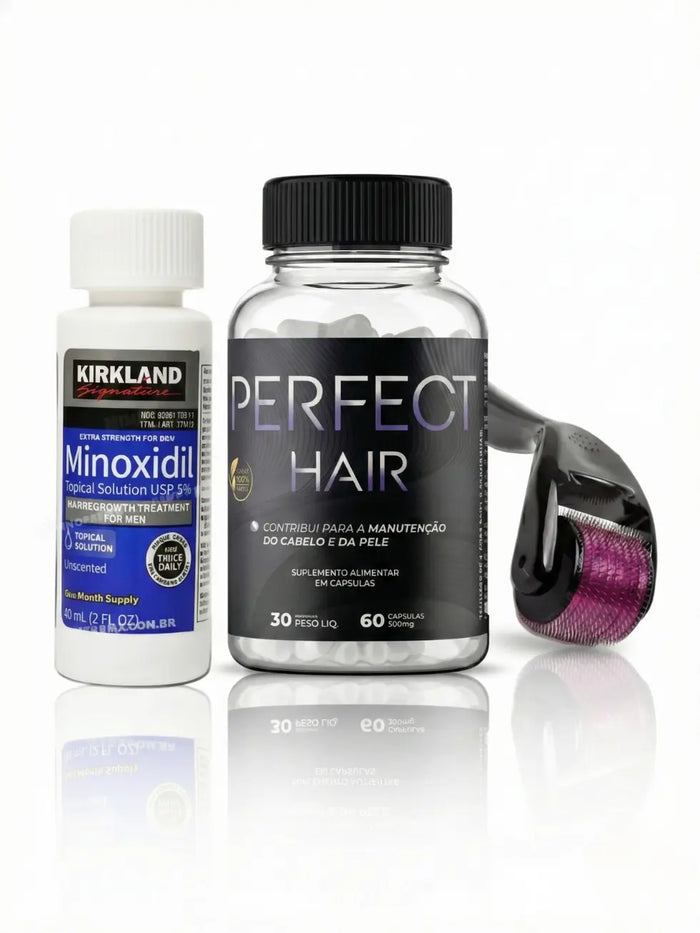 Kit Tratamento Completo Biofarmas - 1 frasco Kirkland Minoxidil 5% 60ml + Perfect Hair suplemento capilar + Dermaroller 540 agulhas