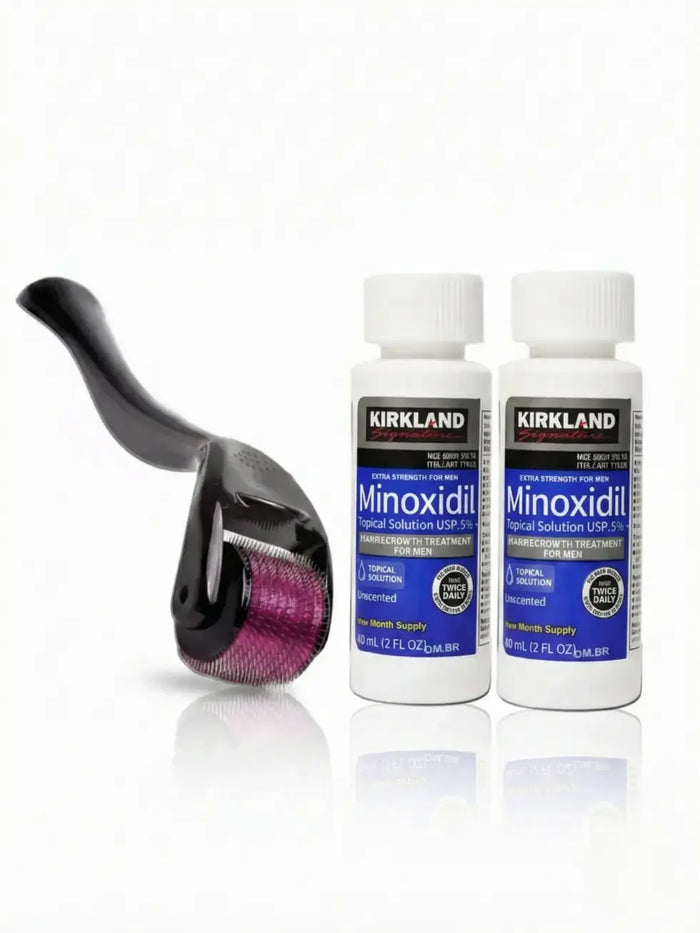 Kit Tratamento Completo - 2 frascos Kirkland Minoxidil 5% 120ml + Dermaroller 540 agulhas para 2 meses