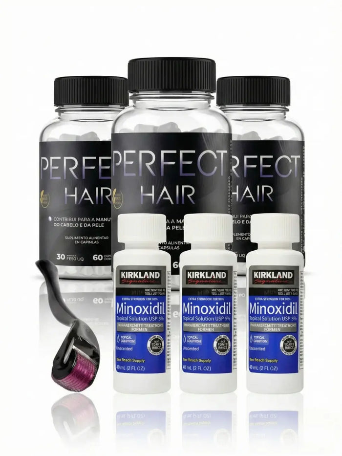 Kit Tratamento Completo 3 Meses - 3 frascos Kirkland Minoxidil 5% 180ml + 3 Perfect Hair suplemento + Dermaroller 540 agulhas para crescimento capilar