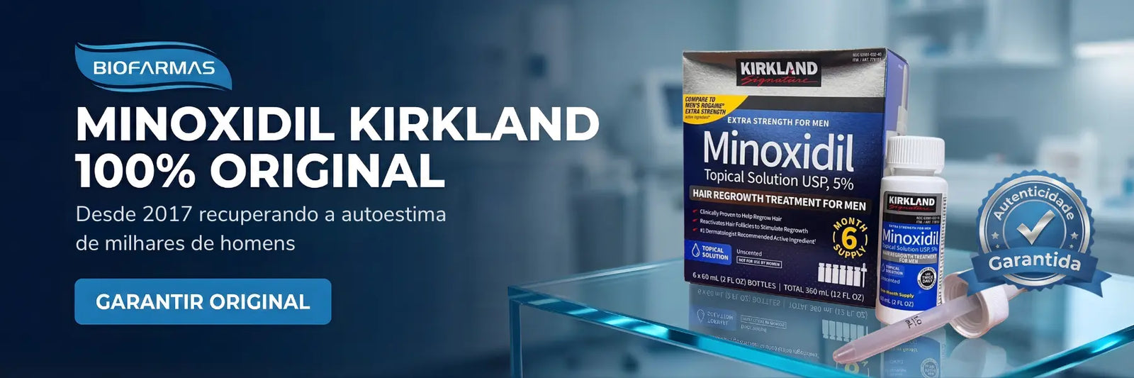 Banner principal Biofarmas mostrando caixa de Minoxidil Kirkland 5% original com selo de autenticidade garantida e frasco com aplicador.