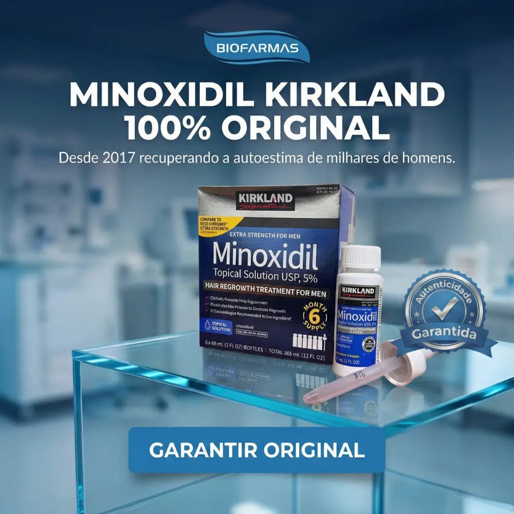 Versão mobile do banner Biofarmas: Minoxidil Kirkland 5% original com selo de autenticidade e garantia de procedência desde 2017.
